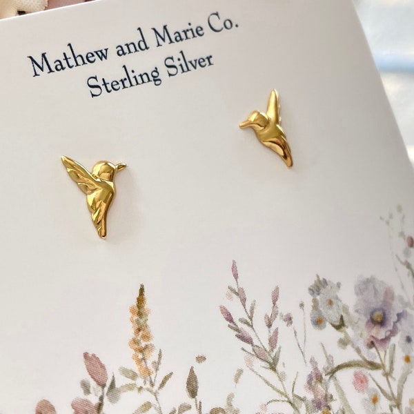 14kt Gold Over Sterling Silver Hummingbird Stud Earrings. Endurance Jewelry, Waterproof Jewelry, Bird Jewelry, Native American Jewelry