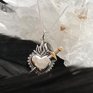 Sterling Silver Sacred Heart Necklace: Bronze Sword, Devotion Jewelry