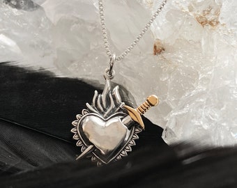 Sterling Silver Sacred Heart Necklace: Bronze Sword, Devotion Jewelry