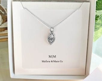 Tiny Sterling Silver Sacred Heart Necklace: Catholic Religious Jewelry