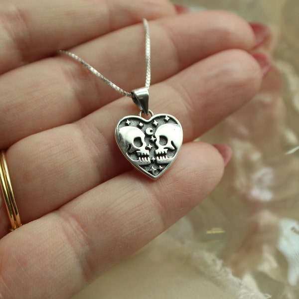 Sterling Silver Lovers Skull Necklace. Lovers Jewelry, Tarot Necklace, Till Death do us Part Jewelry, Endurance Jewelry, Couples Jewelry.