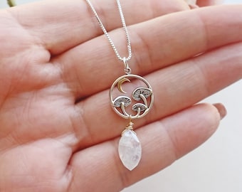 Sterling Silver Mushrooms and Moon with Moonstone Necklace, Vitality Jewelry, Mushroom Jewelry ,Healing Jewelry, Moonstone Jewelry