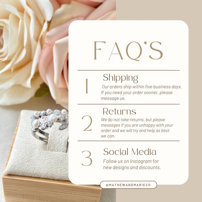May include: FAQ'S: Shipping, Returns, and Social Media.  Our orders ship within five business days. If you need your order sooner, please message us. We do not take returns, but please message us if you are unhappy with your order and we will try and help as best we can. Follow us on Instagram for new designs and discounts. @MATHEWANDMARIECO