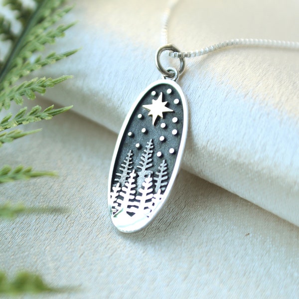 Sterling Silver North Star Forest Necklace. Hiking Jewelry, Inspiration Jewelry, Woodlands Jewelry, Outdoors Gift