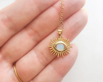 Gold Evil Eye Sunburst Opal Necklace. Celestial Necklace, Sun Jewelry, Opal Jewelry, Gold Filled Necklace