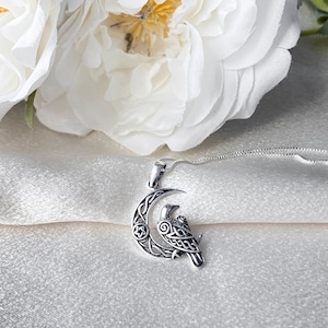 Sterling Silver Raven and Moon Necklace. Corvus Jewelry, Moon Jewelry, Mystic Jewelry, Wiccan Jewelry, Crescent Jewelry, Pentagram Jewelry