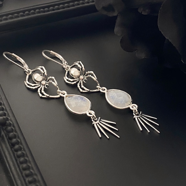 Sterling Silver Spider with Moonstone Earrings. Moonstone Jewelry, Spider Jewelry, Arachnid Jewelry, Talisman Jewelry, Gothic Jewelry