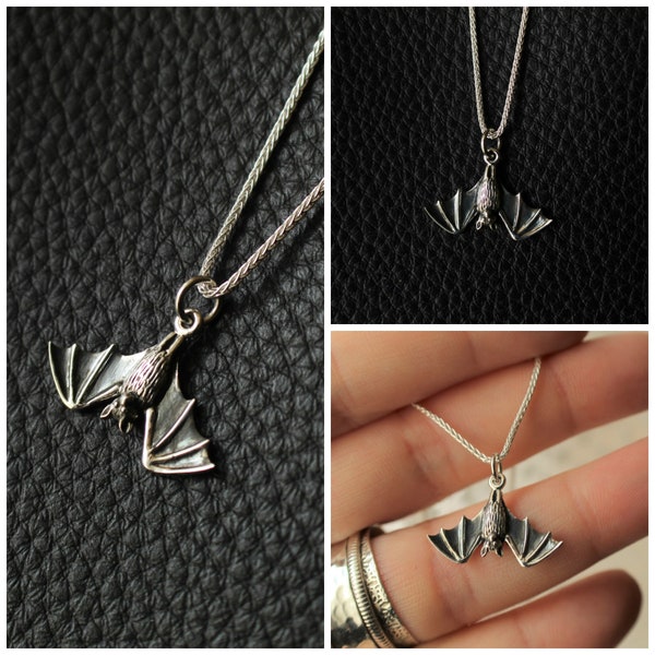 Collier chauve-souris en argent sterling. Bijoux chauve-souris, Chauve-souris frugivore, Chauve-souris vampire, Renard volant, Bijoux d'Halloween, Collier gothique