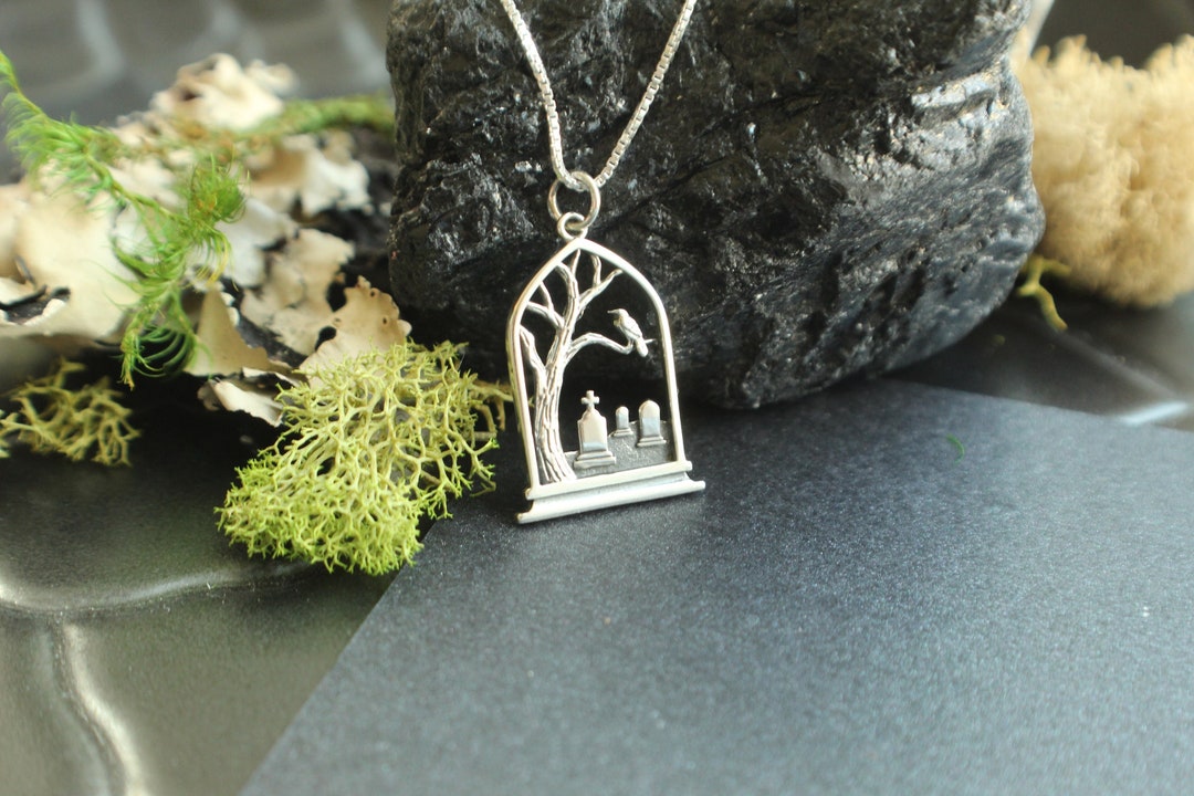 Sterling Silver Graveyard With Raven Necklace. Graveyard Etsy