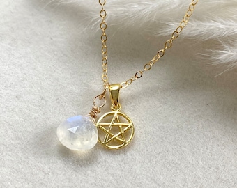 14kt Gold Filled Pentagram with Moonstone Necklace. Gold Filled Wiccan Jewelry, Moonstone Jewelry, Gold Pentagram Jewelry, Wiccan Necklace,