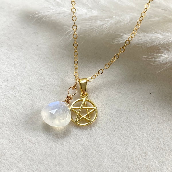 14kt Gold Filled Pentagram with Moonstone Necklace. Gold Filled Wiccan Jewelry, Moonstone Jewelry, Gold Pentagram Jewelry, Wiccan Necklace,