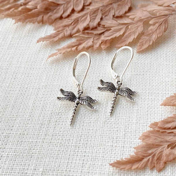 Sterling Silver Dragonfly Leverback Earrings. Dragonfly Jewelry, Bug Jewelry, Waterproof Jewelry, Insect Jewelry.