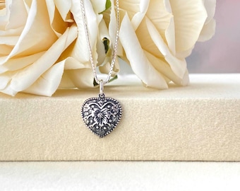 Sterling Silver Heart Pendant Necklace, Floral Filigree Heart Charm