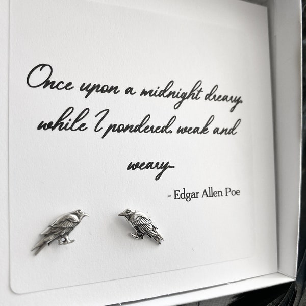 Tiny Edgar Allan Poe Raven Sterling Silver Stud Earrings. Poe Jewelry, Viking Jewelry, Poetry Jewelry, Odins Ravens Studs, Norse Jewelry,
