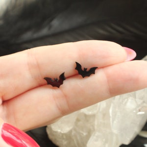 Tiny Stainless Steel Black Bat Stud Earrings. Black Bat Jewelry, Chiropteran Jewelry, Gothic Jewelry, Halloween Jewelry