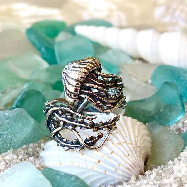 Sterling Silver Adjustable Jellyfish Ring. Jellyfish Jewelry, Sea Life Jewelry, Ocean Jewelry, Adjustable Jewelry, Waterproof Jewelry