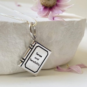 Sterling Silver Sense and Sensibility Book Necklace, Customizable Jewelry