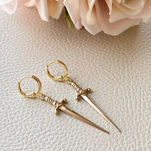 Gold Filled Sword Hoop Earrings: Gothic Blade Jewelry