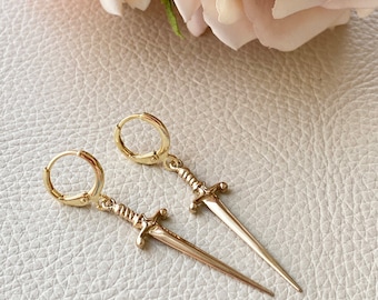 Gold Filled Sword Hoop Earrings. Sword Jewelry, Gothic Jewelry, Blade Earrings, Medieval Jewelry