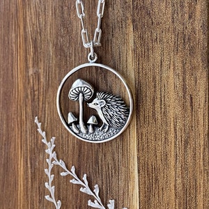 Sterling Silver Hedgehog and Mushrooms Necklace: Cottagecore Jewelry