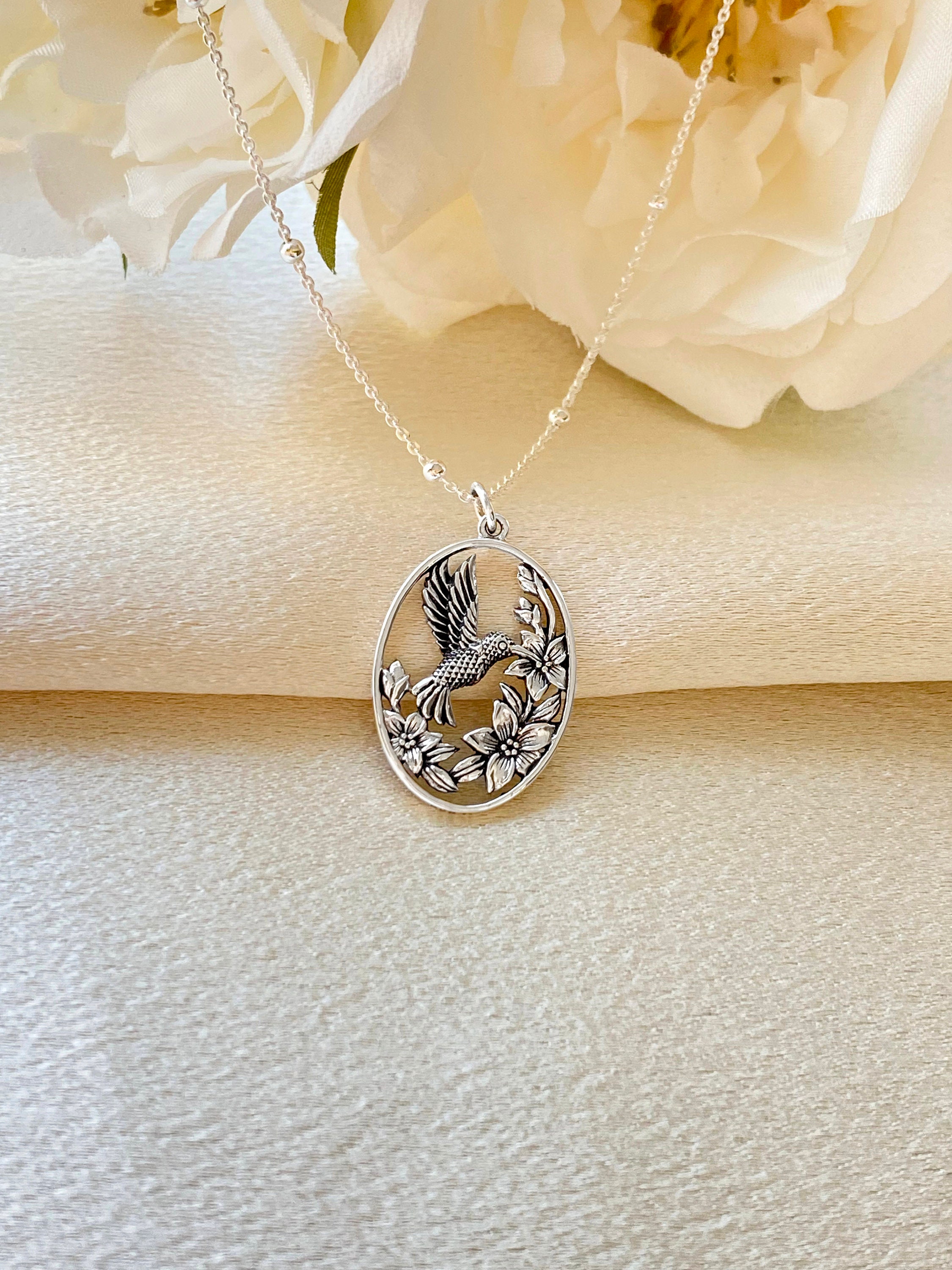 Sterling Silver Hummingbird With Flowers Necklace. Hummingbird Jewelry, Floral Jewelry, Bird Jewelry, Spirit Animal Jewelry, Mothers Gift.