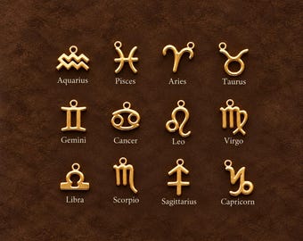 May include: A set of twelve gold-toned metal zodiac charms, each featuring a small loop at the top. The charms represent Aquarius, Pisces, Aries, Taurus, Gemini, Cancer, Leo, Virgo, Libra, Scorpio, Sagittarius, and Capricorn, with their names printed below each symbol.