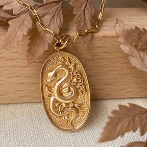 14kt Gold Filled Snake Necklace: Bronze Serpent & Flowers