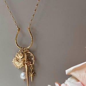 May include: Gold-toned necklace with a horseshoe-shaped pendant. The pendant features charms including a heart, sword, star, and a pearl. The necklace is displayed against a neutral background with a hint of pink flowers.