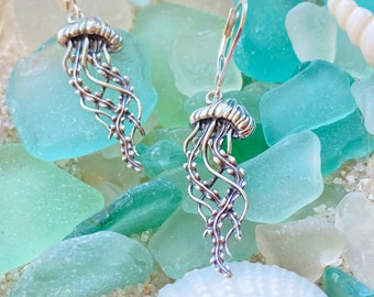 Sterling Silver Jellyfish Lever Back Earrings. Jellifysh Jewelry, Ocean Jewelry, Marine Life Jewelry, Beach Jewelry Waterproof Jewelry