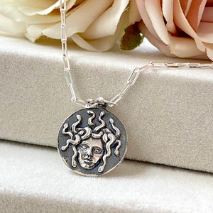 Sterling Silver Medusa Coin Necklace: Greek Mythology Jewelry