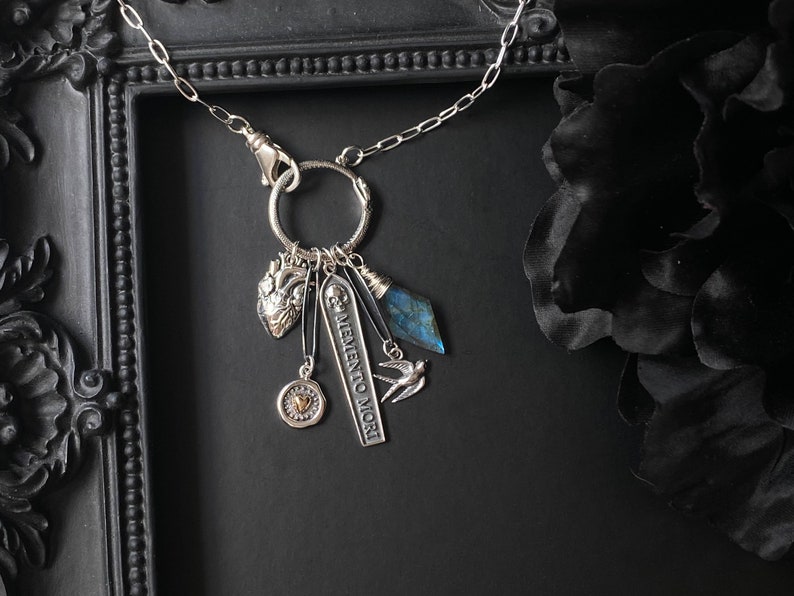 Sterling Silver Gothic Charm Necklace: Labradorite, Memento Mori, Limited Edition image 6