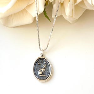 Sterling Silver Wax Seal Cat Necklace, Cat Jewelry, Feline Jewelry, Moon Jewelry, Wax Seal Jewelry, Cat Pendant, Waterproof Jewelry