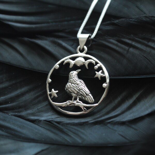 Sterling Silver Raven Moon Phase Necklace. Corvus Jewelry, Raven Jewelry,Mystic Jewelry, Moon Phase Jewelry,