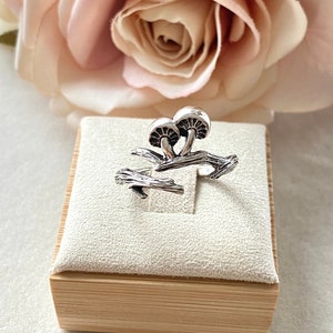 Sterling Silver Mushrooms on Branch Ring. Cottage Core Jewelry, Mushroom Ring, Woodland Jewelry, Waterproof Jewelry, Adjustable Ring