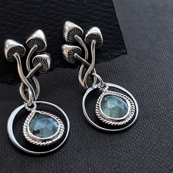 Sterling Silver Mushrooms and Labradorite Earrings. Mushroom Jewelry, Protection Jewelry, Labradorite Jewelry, Strength Jewelry