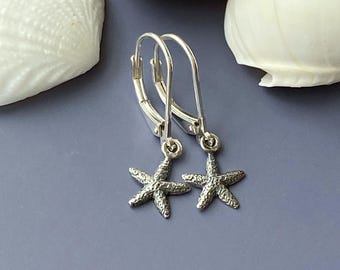 Tiny Sterling Silver Starfish Lever Back Earrings: Beach Jewelry