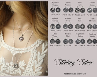 Sterling Silver Zodiac Planet Coin Necklace Double Sided, Astrological Jewelry, Zodiac Jewelry, Zodiac House, Zodiac Sign Jewelry