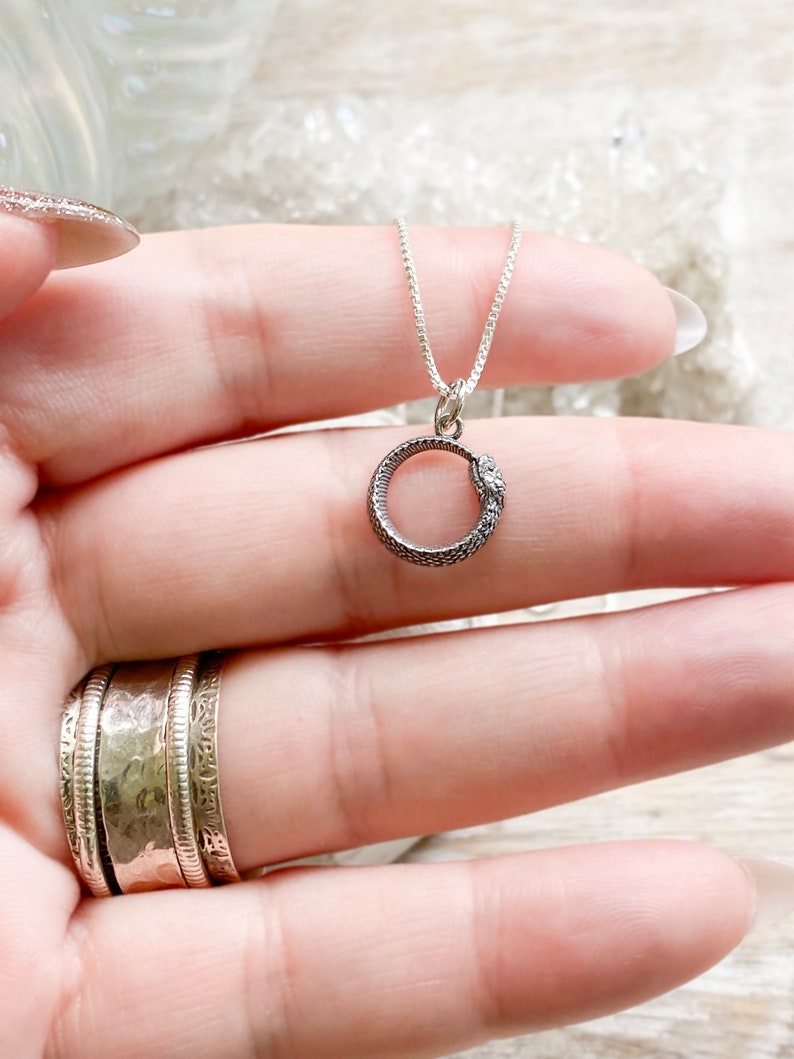May include: A silver snake necklace with a coiled snake pendant. The snake is curled into a circle with its tail in its mouth.