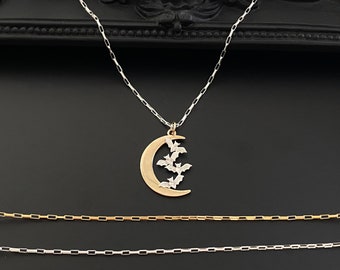 Gold or Silver Moon With Bats Necklace, Moon Jewelry, Bat Jewelry, Halloween Jewelry, Chiroptera Jewelry, Celestial Jewelry, Gothic Jewelry