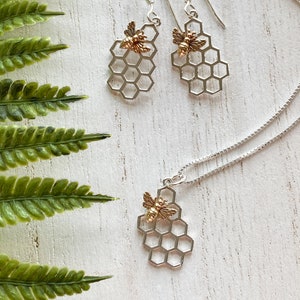 Tiny Sterling Silver Honeycomb Bee Necklace, Earrings or Set. Bee Jewelry, Silver Bee, Bee Charm, Honeycomb Jewlery image 3
