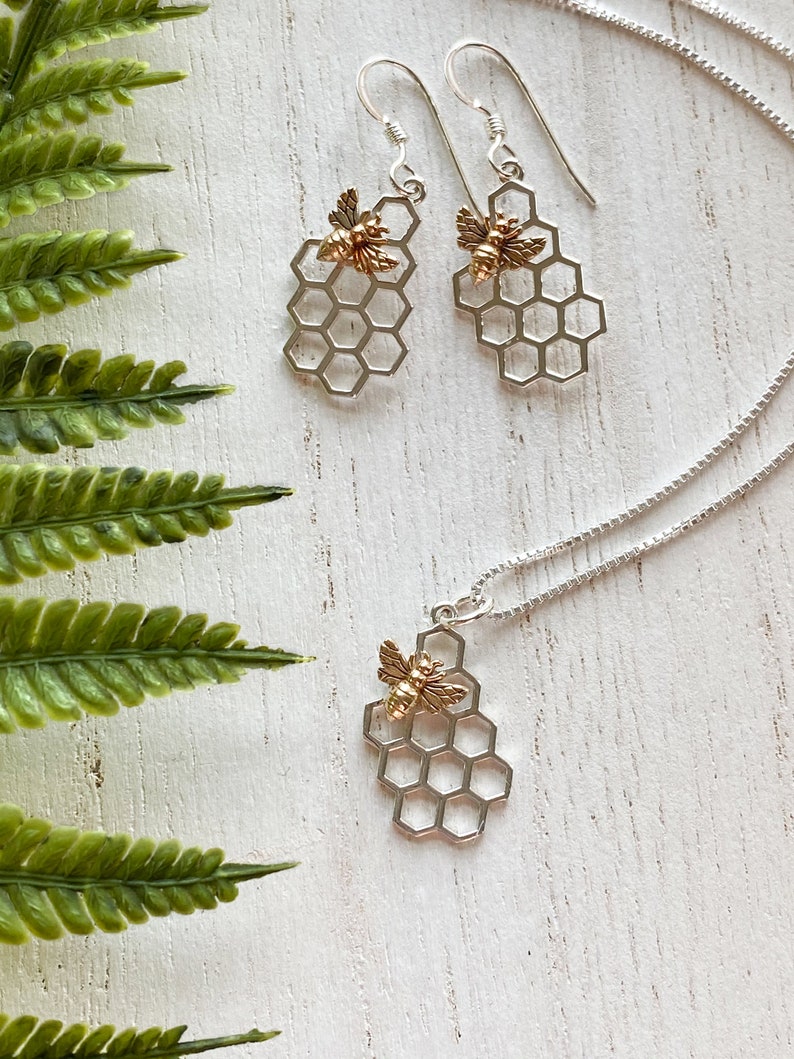 Tiny Sterling Silver Honeycomb Bee Necklace, Earrings or Set. Bee Jewelry, Silver Bee, Bee Charm, Honeycomb Jewlery image 3