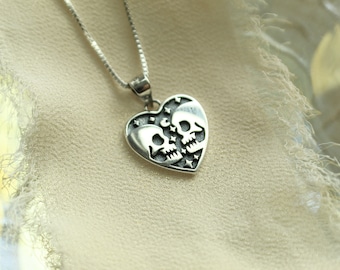 Sterling Silver Skull Heart Necklace: Lovers Tarot Jewelry