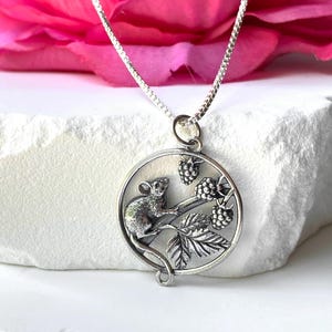 Sterling Silver Mouse And Berries Necklace, Mouse Necklace, Wildlife Jewelry,Forest Jewelry,Mouse Pendant,Nature Necklace,Waterproof Jewelry