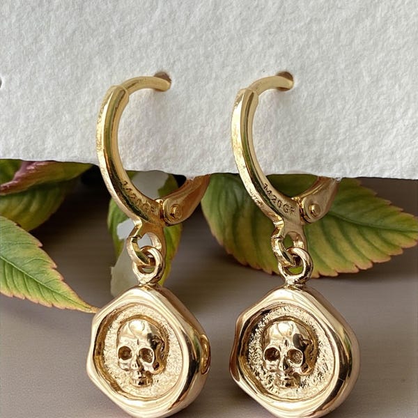 14Kt Gold Filled Tiny Wax Seal Skull Earrings: Memento Mori Earrings