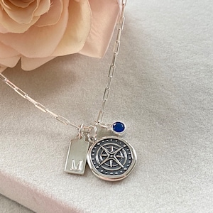 Sterling Silver Compass Wax Coin Necklace. Graduation Gift, Guidance Necklace, Initial Charm Jewelry, Compass Jewelry, Nautical Jewelry