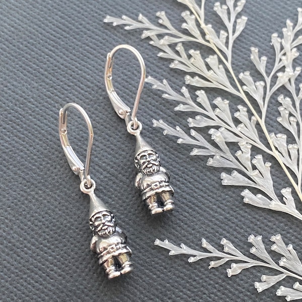 Sterling Silver Garden Gnome Leverback Earrings. Evil Gnome Jewelry, Gardeners Gnome Earrings, Waterproof Jewelry