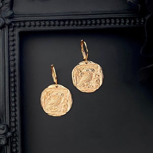 Gold  or Sterling Silver Owl Coin Earrings. Owl Jewelry, Bird Jewelry,  Gift For Her, Knowledge Earrings, Greek Jewelry.