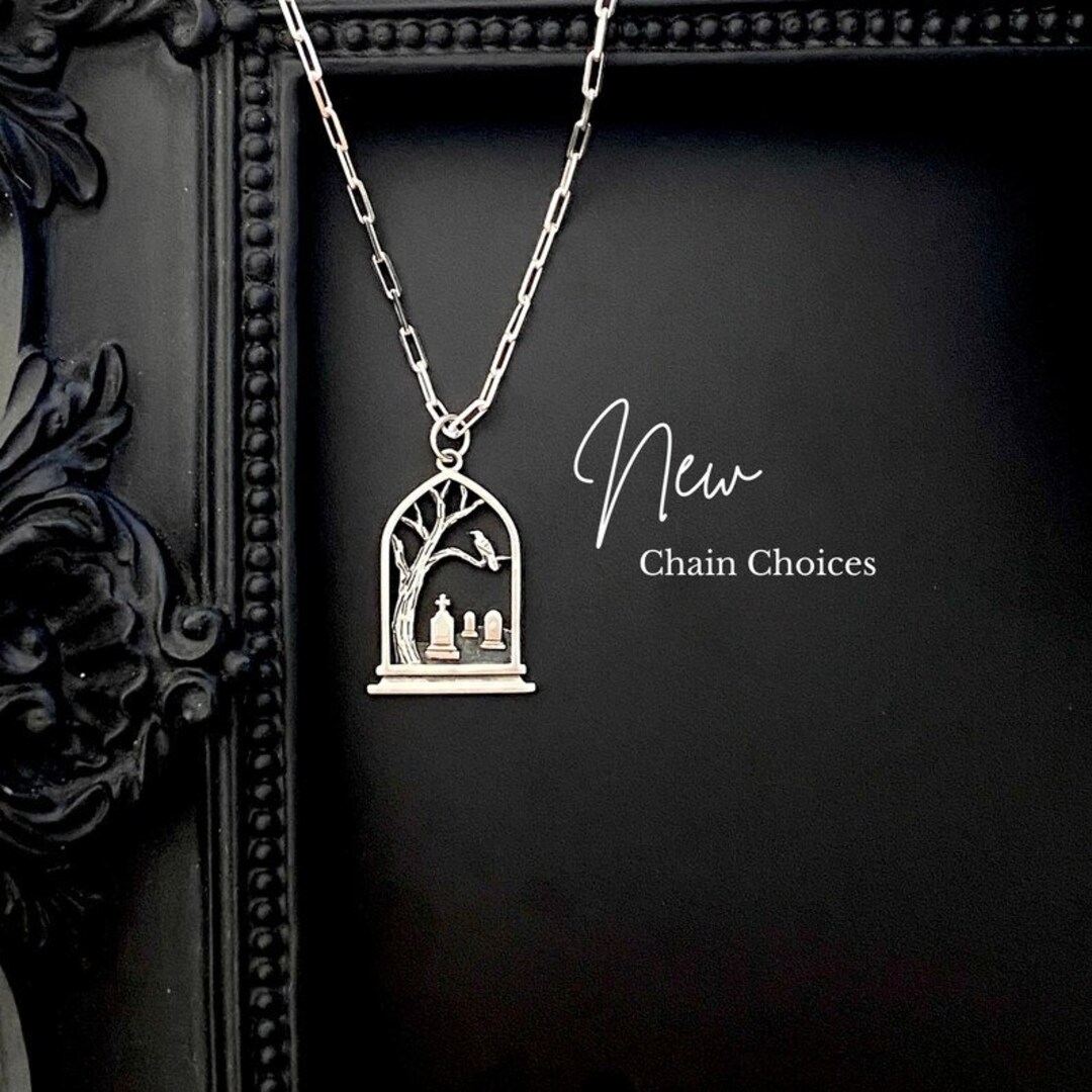 Sterling Silver Graveyard With Raven Necklace. Graveyard Jewelry