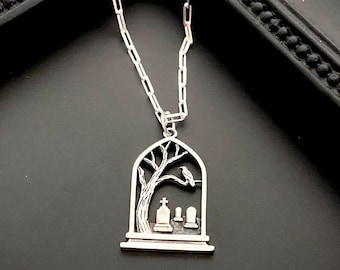 Sterling Silver Graveyard Raven Necklace: Gothic Halloween Jewelry