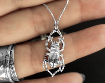 Sterling Silver Stag Beetle Necklace. Bug Jewelry, Staghorn Jewelry, Staghorn Beetle.